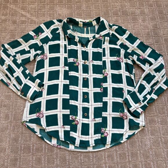Free People Window To My Heart Button Down Sz Small Green Oversized Windowpane - Picture 3 of 9